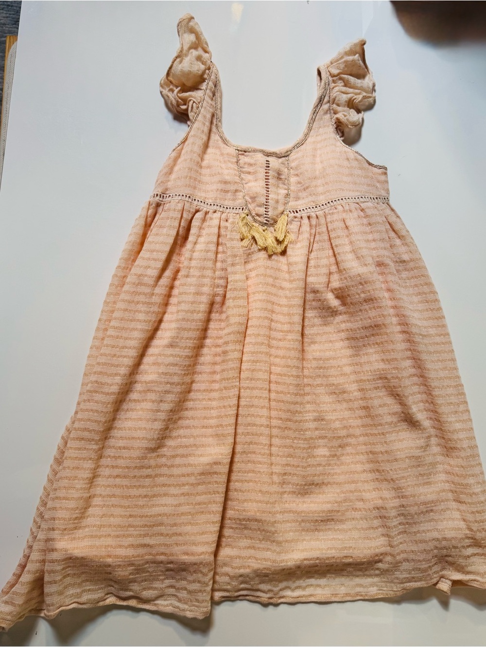 Louise Misha Parisian boho Girls' Peach metallic gold Stripe Ruffled Strap Dress